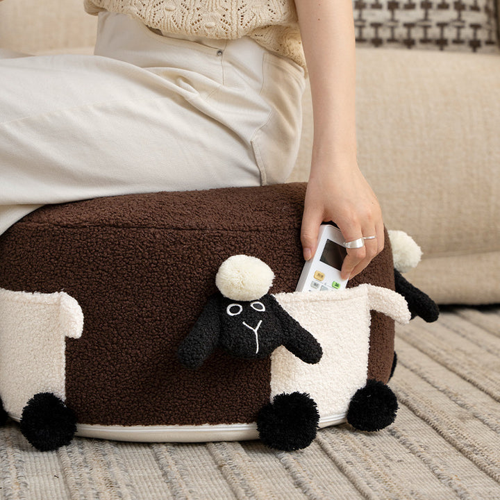 Round plush seat pouf with cute sheep appliqués and teddy fleece Kalsten