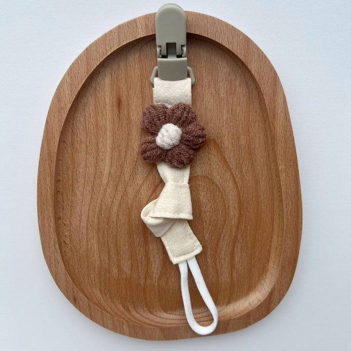 Handmade Cotton Pacifier Clip with Gingham Strap and Knitted Flower