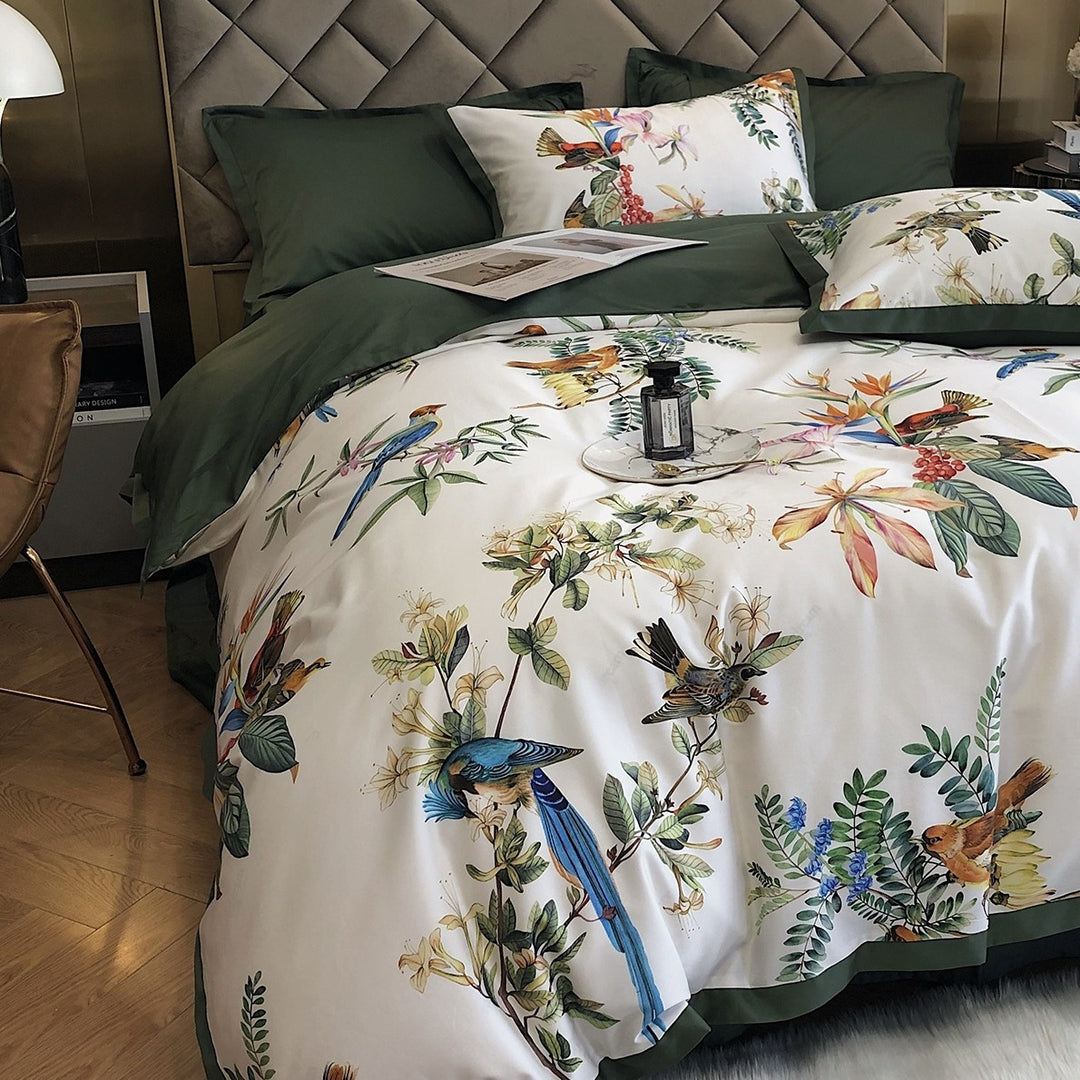 Luxurious cotton satin bedding set with exotic bird and botanical print