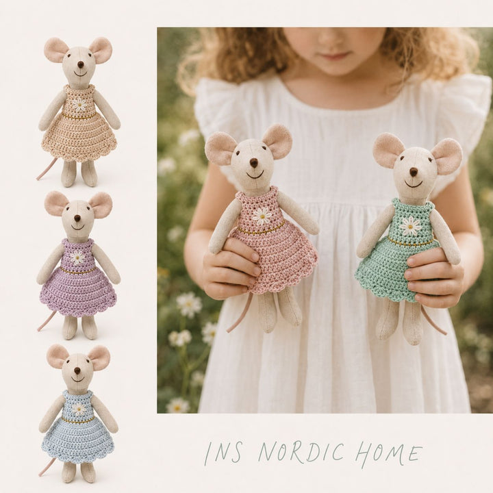 Miniature Hand-Sewn Linen Mouse Soft Toy with Crocheted Dress