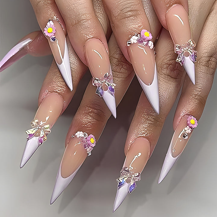 Elegant Stiletto Press-On Nails with Floral and Gem Accents Kalsten
