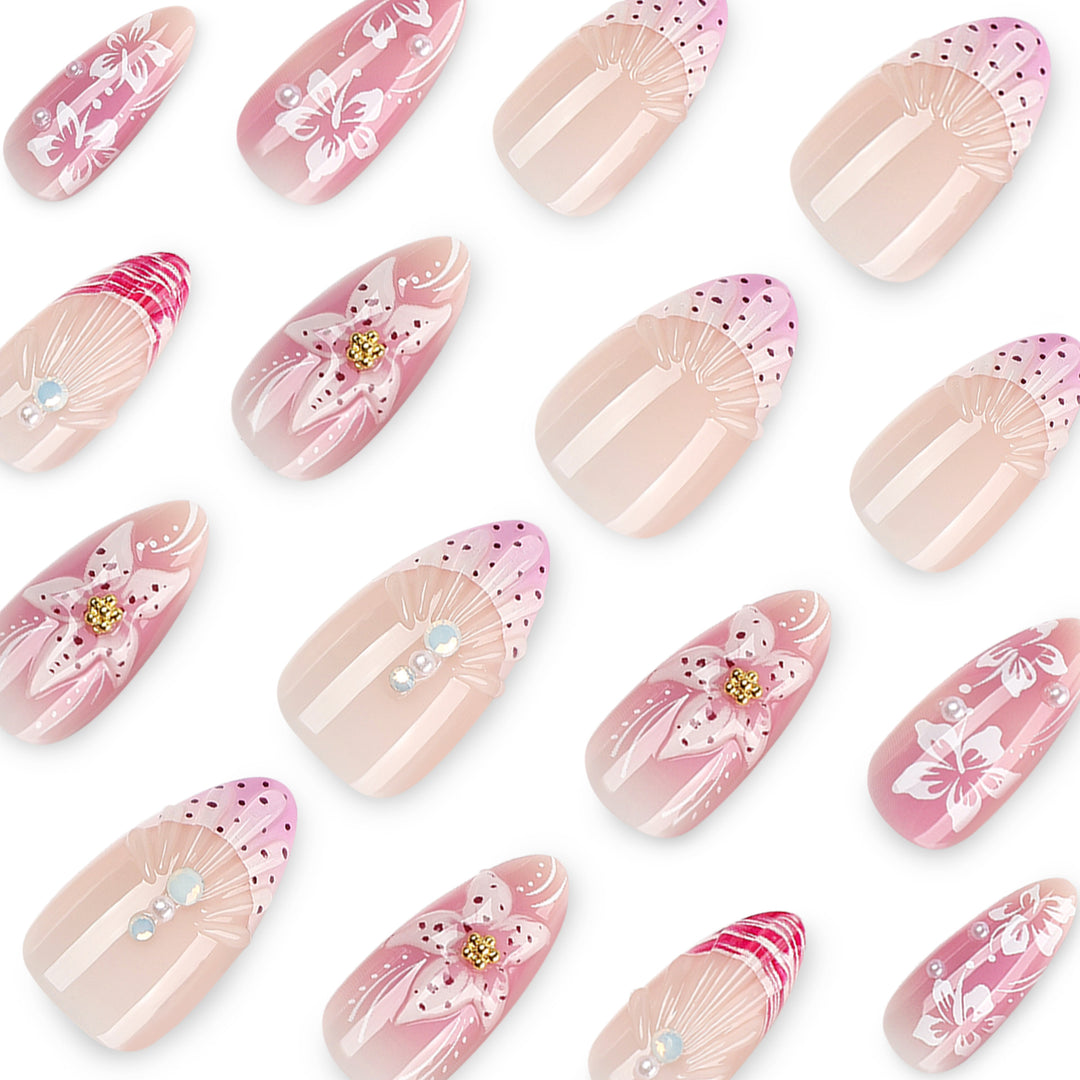 Artful Nail Extensions with Floral and Glittering Accents Kalsten