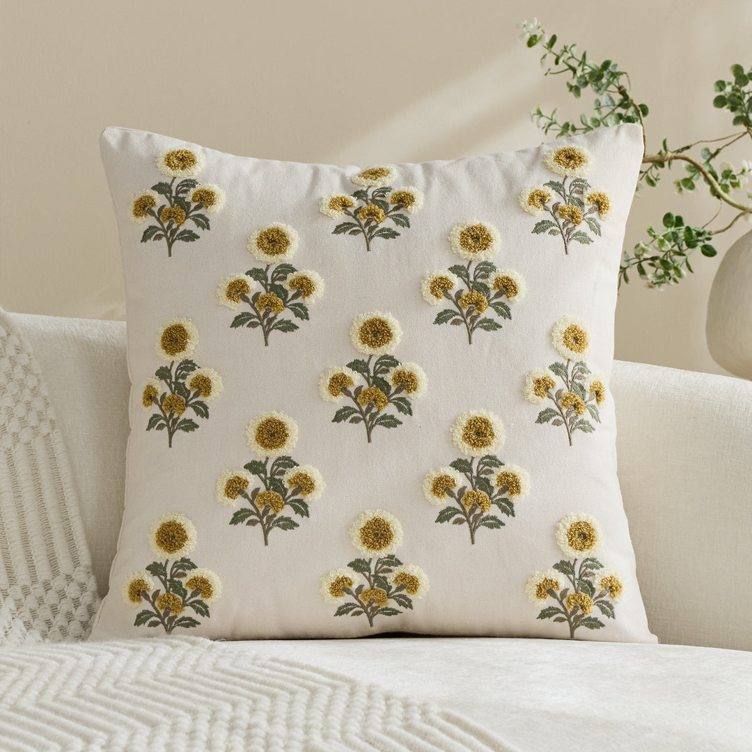 Tufted Floral Embroidered Decorative Throw Pillow Cover
