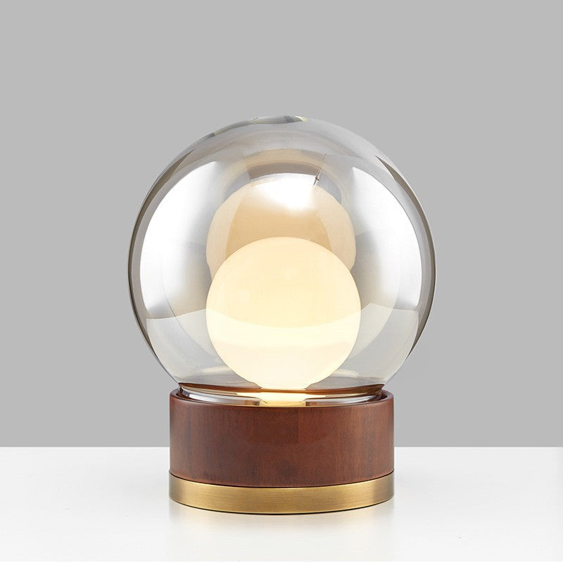 Modern Glass Table Lamp with Wooden Base and Gold Accents