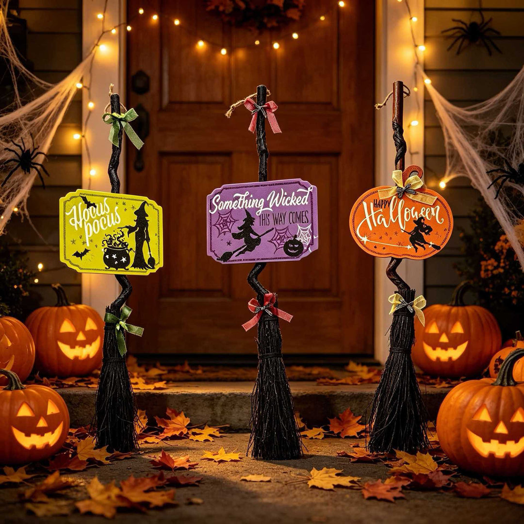 Hanging Halloween Decor Broomstick Pendant with Twisted Handle and 'Hocus Pocus' Sign