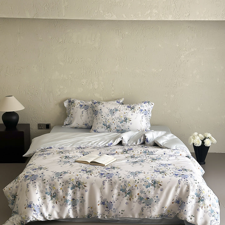 Luxurious satin bedding set with floral watercolor print and silky shiny finish