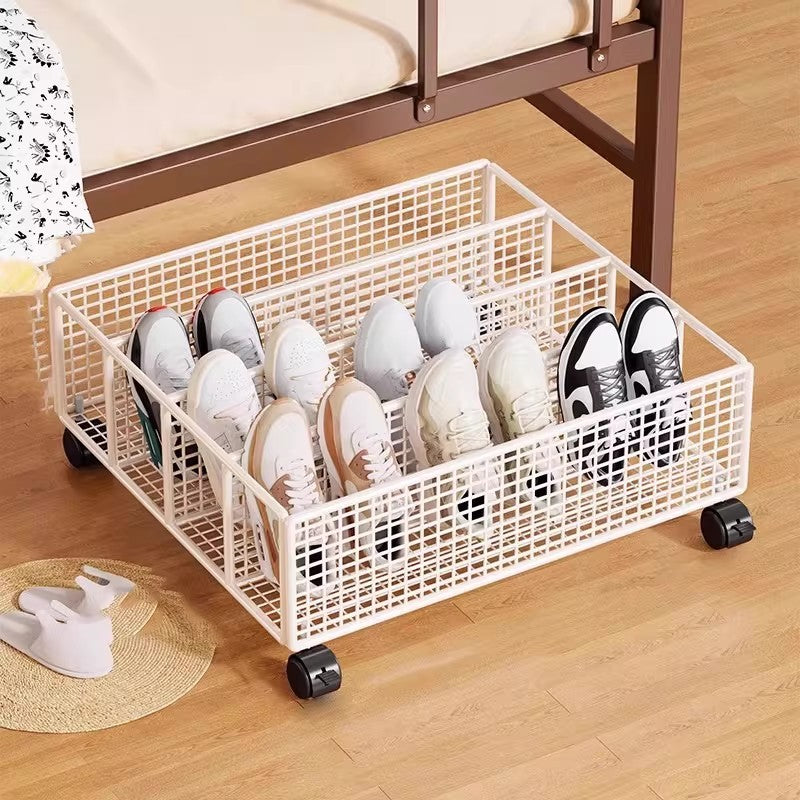 Low-Profile Metal Mesh Under-Bed Shoe Storage Drawer with Removable Dividers