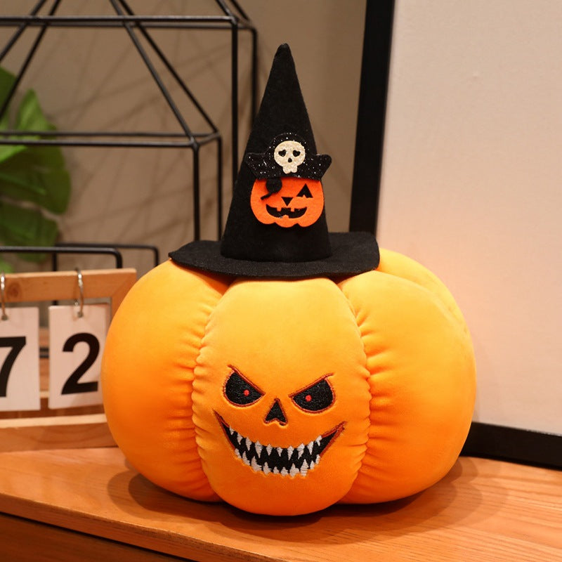 Plush pumpkin decoration figure with witch hat and embroidered spooky face