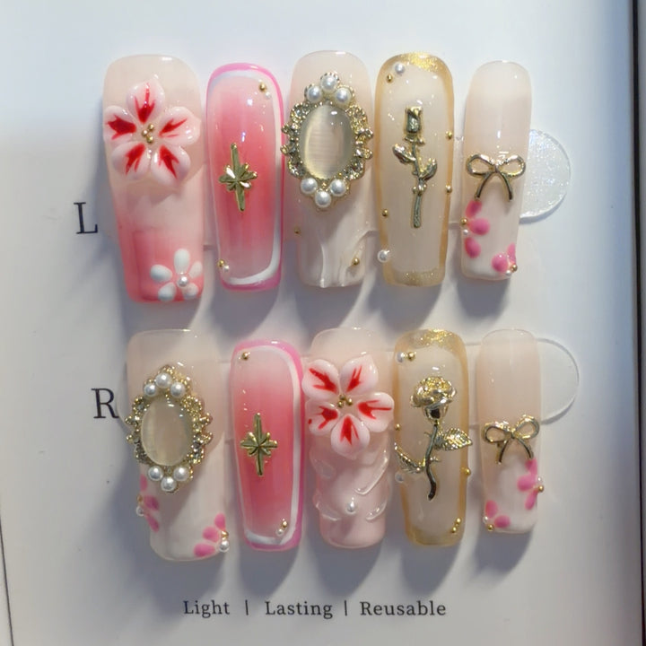 Elegant Floral Themed Press-On Nail Art Set