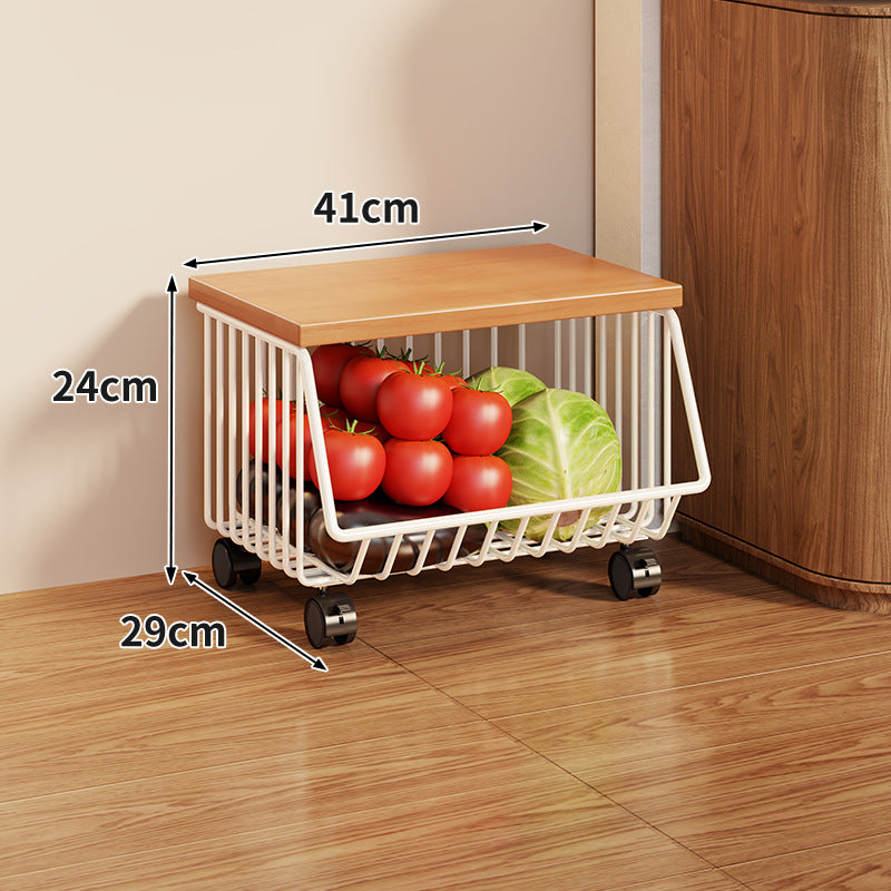 Compact Triple-Tier Rolling Wire Vegetable and Fruit Storage Cart with Wooden Top