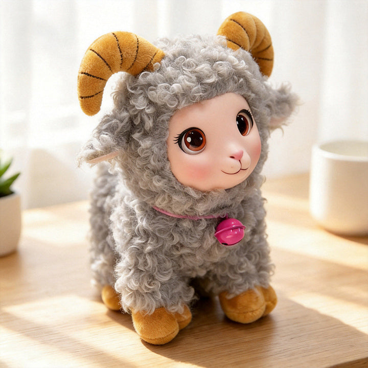 Plush Ram Keychain Charm with Curly Faux-Fur, Sculpted Face, Bell Necklace and Metal Ring Kalsten