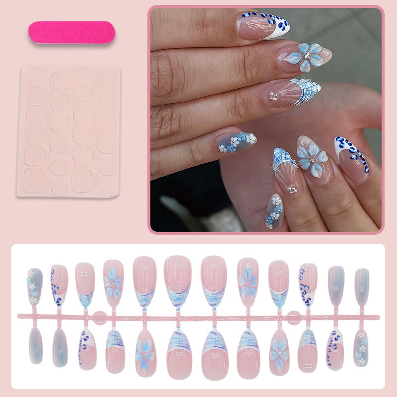 Artificial nail set with exquisite blue flower and glitter embellishments Kalsten