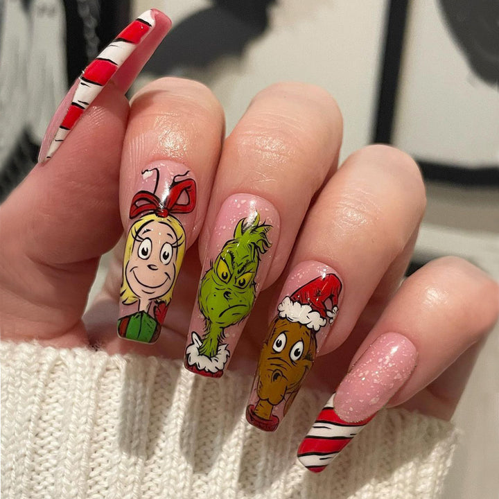 Artificial nail set with festive motifs and charming Grinch design Kalsten