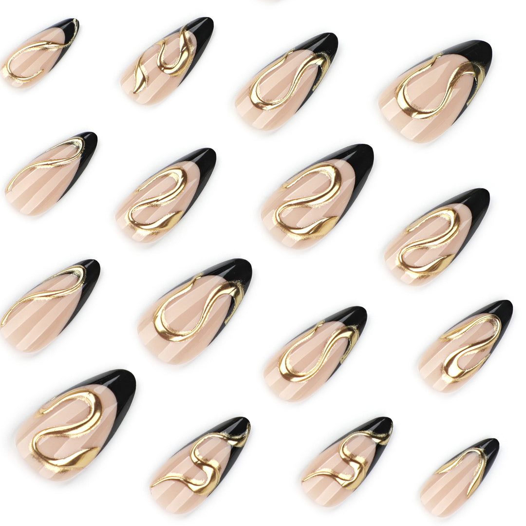 Artful stiletto nails with elegant gold design Kalsten