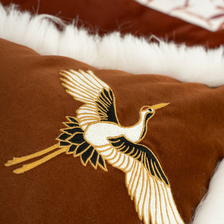 Luxurious embroidered satin pillowcase with art fur trim and crane motif Kalsten