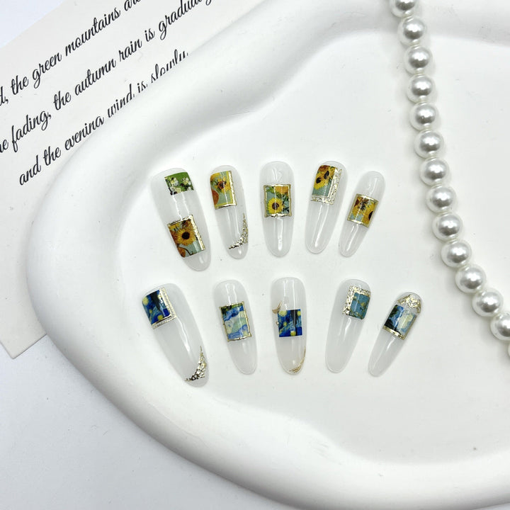 Artistic Press-On Nail Set with Floral and Scenic Designs