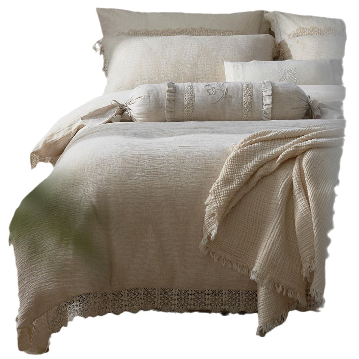 Natural linen bedding set with lace edge and decorative neck roll