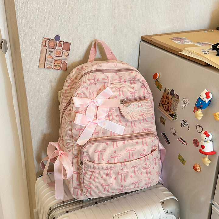 Playful Bow-Embellished Corduroy Backpack Kalsten
