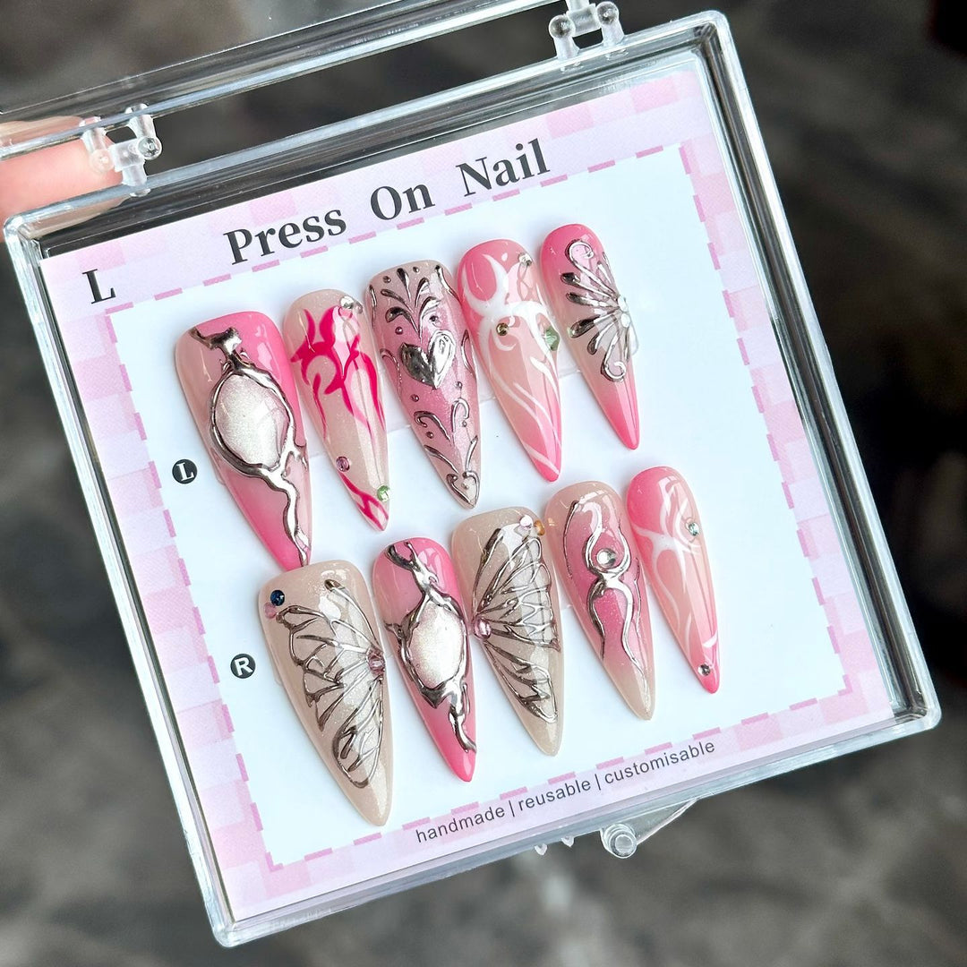 Artistic Press-On Nail Set with Floral and Green Accents