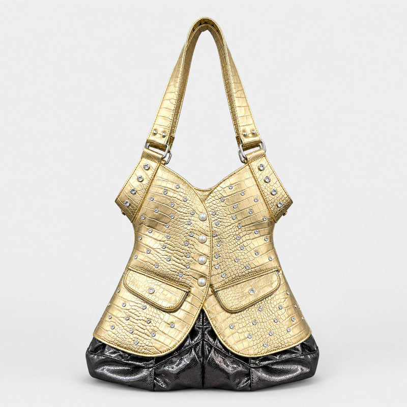 Studded Crocodile-Effect Leather Handbag
