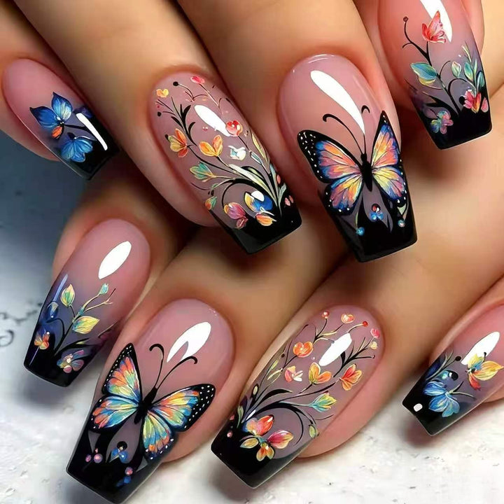 Artistic Floral and Butterfly Press-On Nail Art Kalsten