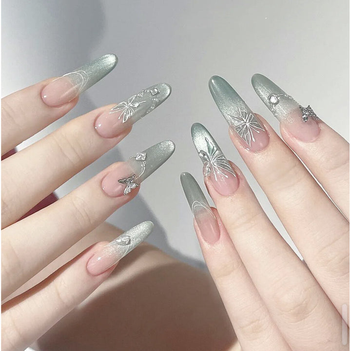 Decorative Stiletto Press-On Nail Set with Artistic Floral and Gemstone Accents Kalsten