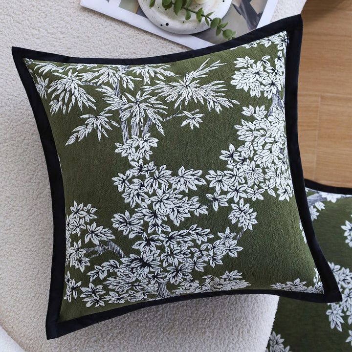 Square decorative cushion cover with embroidered floral jacquard and fine piping Kalsten