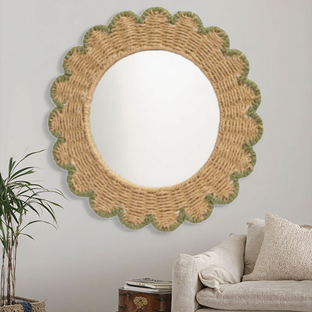 Decorative Round Wall Mirror with Natural Rattan Frame Kalsten
