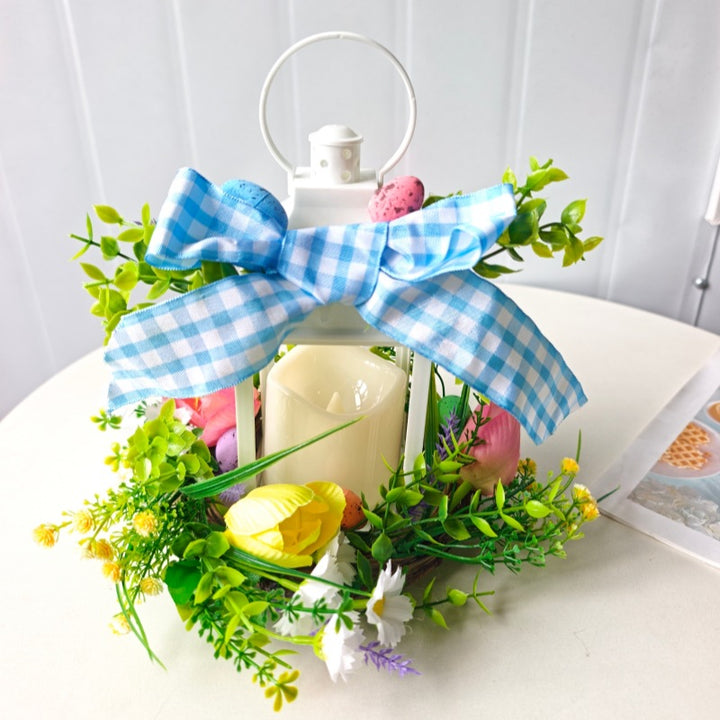 Decorative table lantern with artificial flowers and ribbon Kalsten