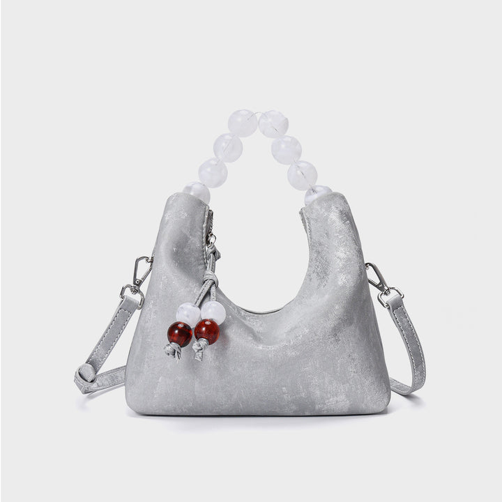Suede Crescent Shoulder Bag with Acrylic Bead Top Handle & Detachable Crossbody Strap