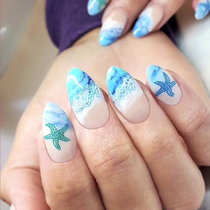 Artistic Press-On Nail Set with Ocean-Inspired Design Kalsten
