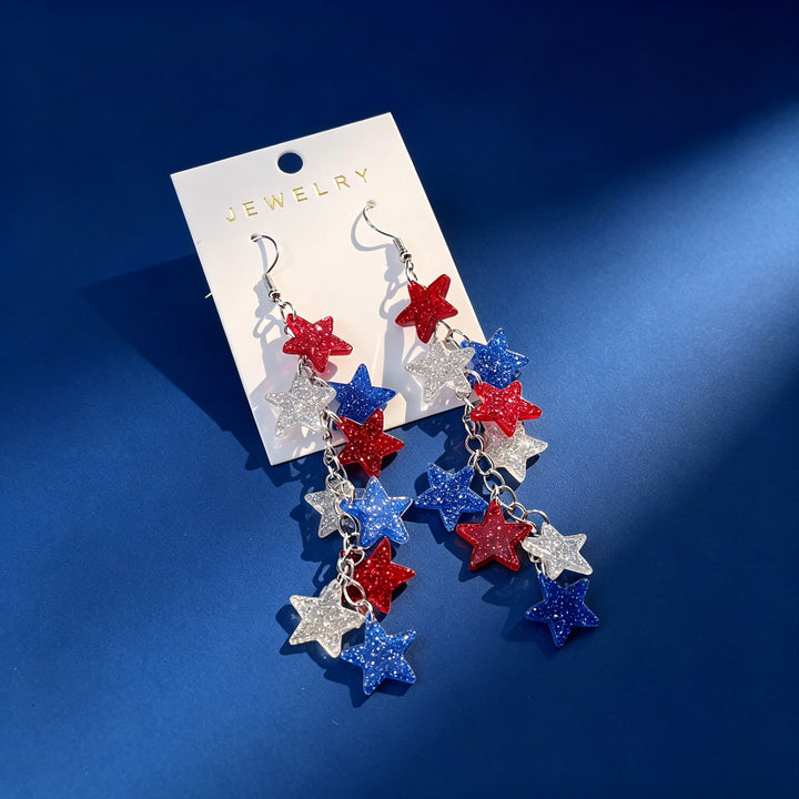 Women's nan patriotic triple-tier glitter star dangle earrings with fishhook wires Kalsten