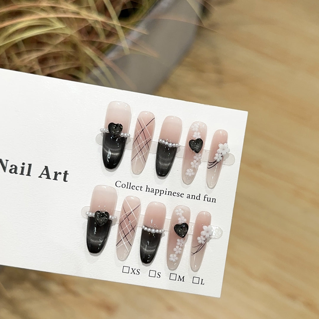 Artistic Press-On Nail Art Set with Floral and Heart Accents