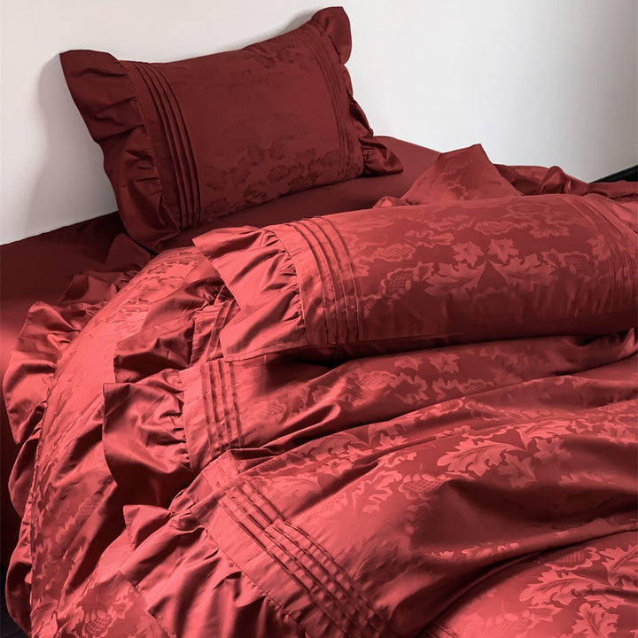 Elegant satin bedding set with ruffles, fine piping and jacquard relief