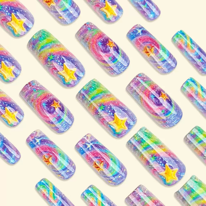 Glittering artificial nail set with colorful spiral design and star accents Kalsten