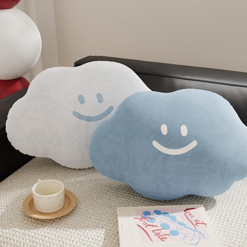 Cloud-Shaped Plush Decorative Throw Pillow with Smiley Face Velvet Cover