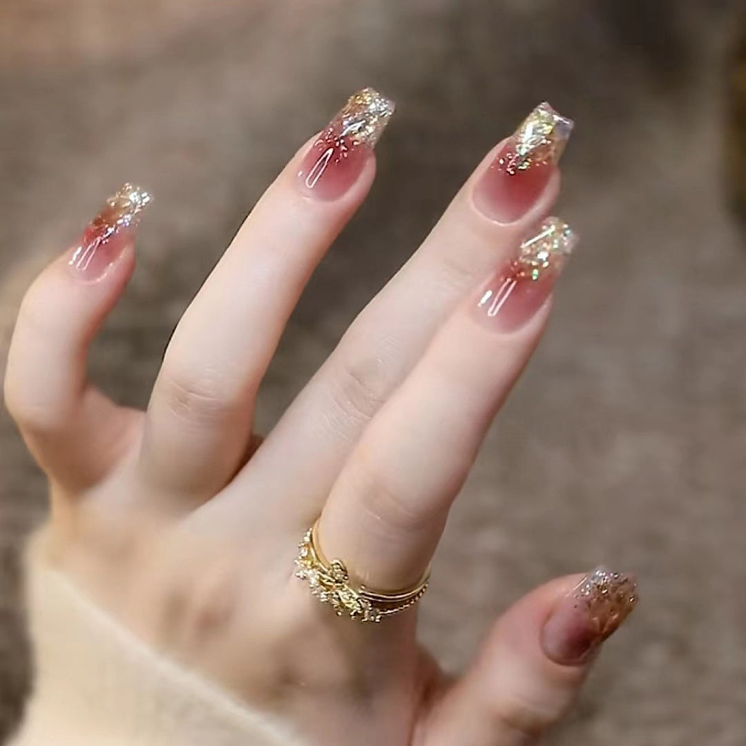 Stylish art false nails with heart design and glitter Kalsten