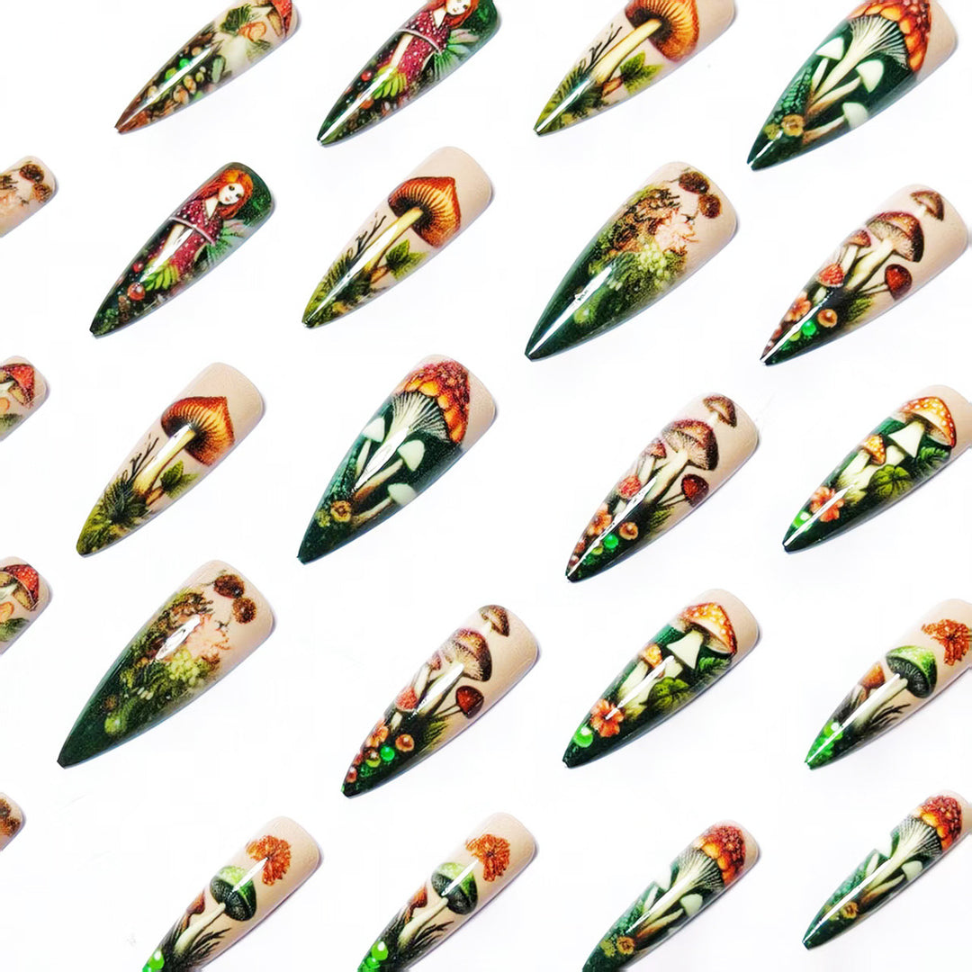 Creative artificial nails with playful fairy and mushroom design Kalsten