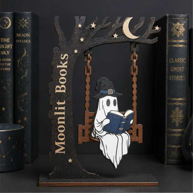 Whimsical Ghost and Cat Hanging Sign Sculpture Kalsten