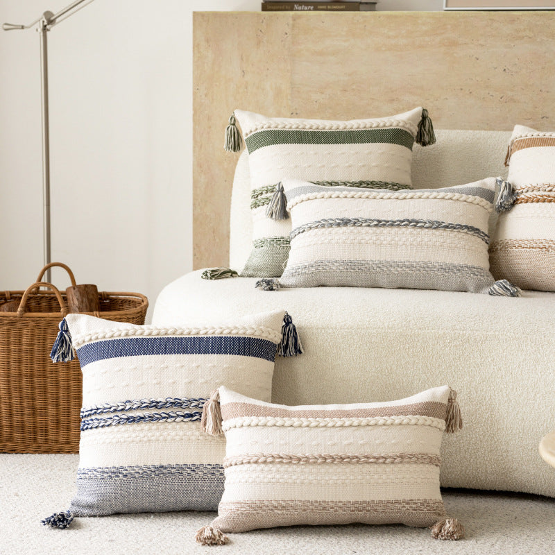 Coastal-Inspired Woven Cotton Square Accent Pillow with Braided Rope Bands and Corner Tassels