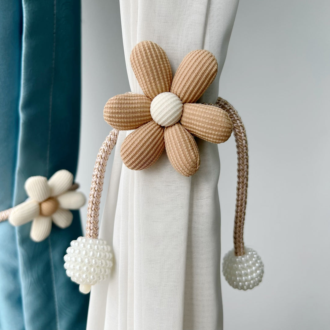 Decorative Fabric Flower Curtain Tieback with Braided Rope and Pearl Pom-Pom Weights