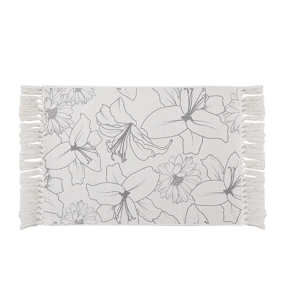 Decorative table runner made of cotton with botanical bird print and fringes Kalsten