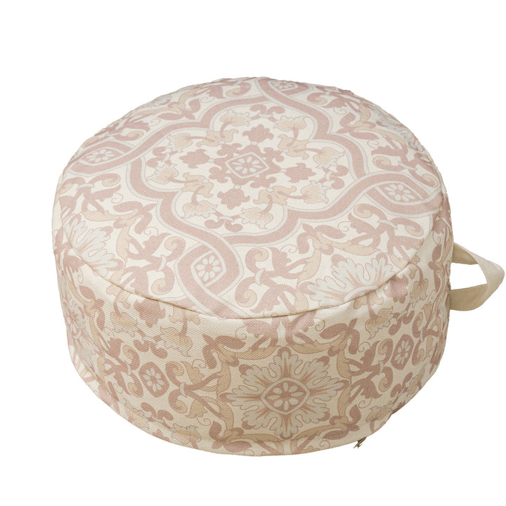 Round floor pouf with woven ornament pattern and carrying handle Kalsten