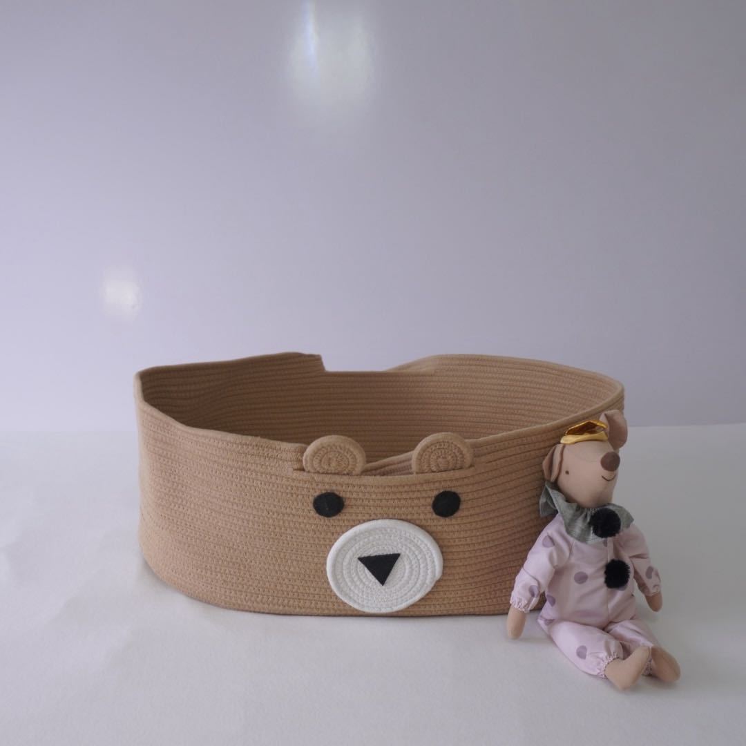 Woven Cotton Rope Nursery Storage Basket with Bear Face Organizer