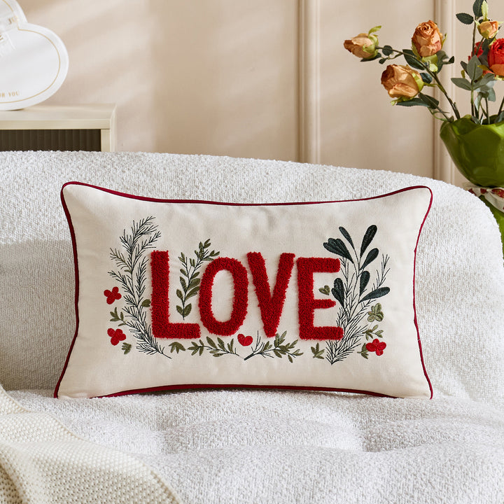 Embroidered Tufted LOVE Botanical Accent Pillow Cover