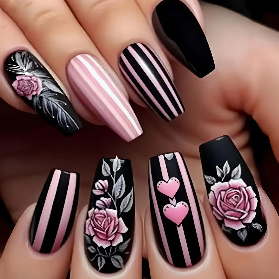 Artificial nails with romantic roses and heart designs Kalsten