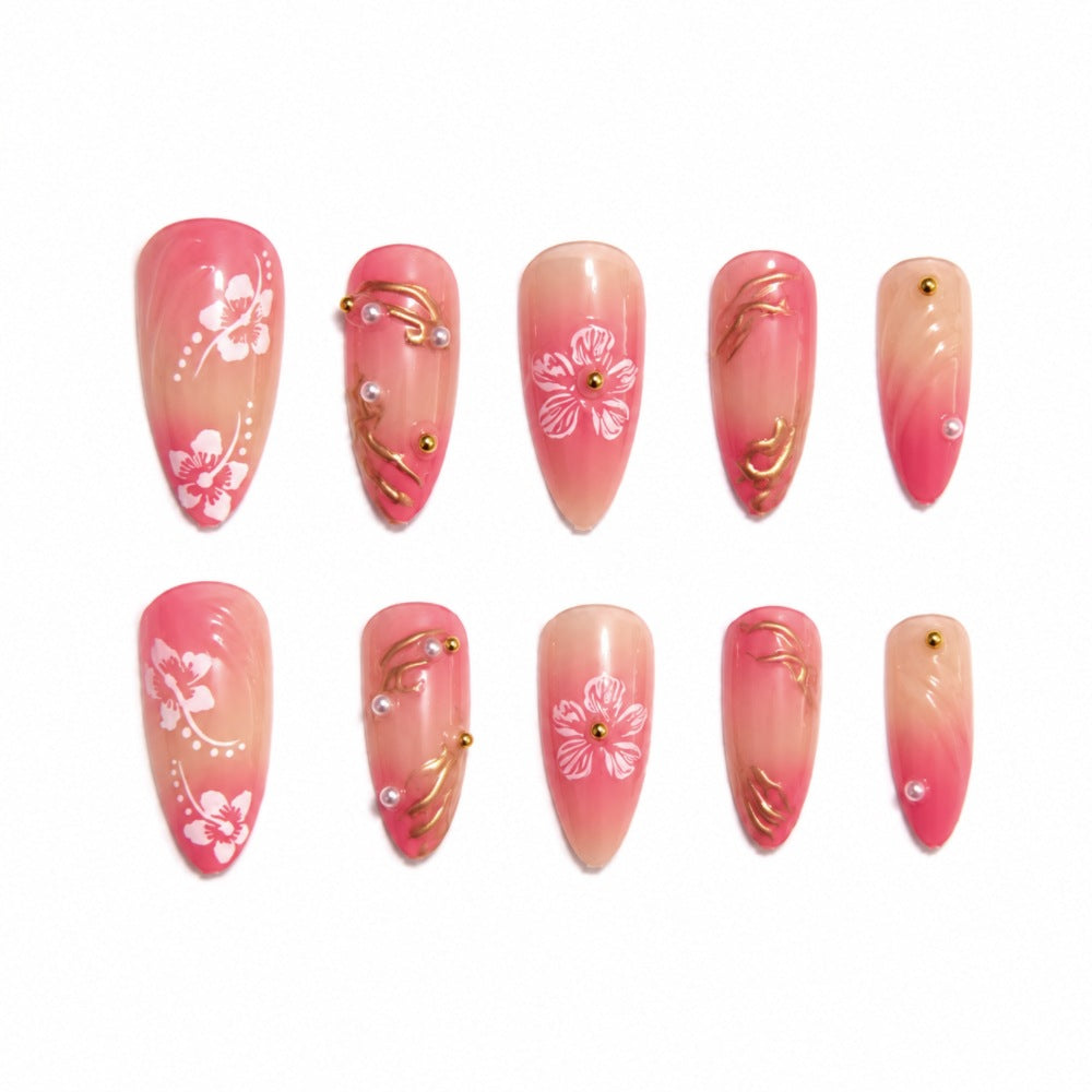 Artistic Nail Art Press-On Nail Set with Floral and Gold Accents Kalsten