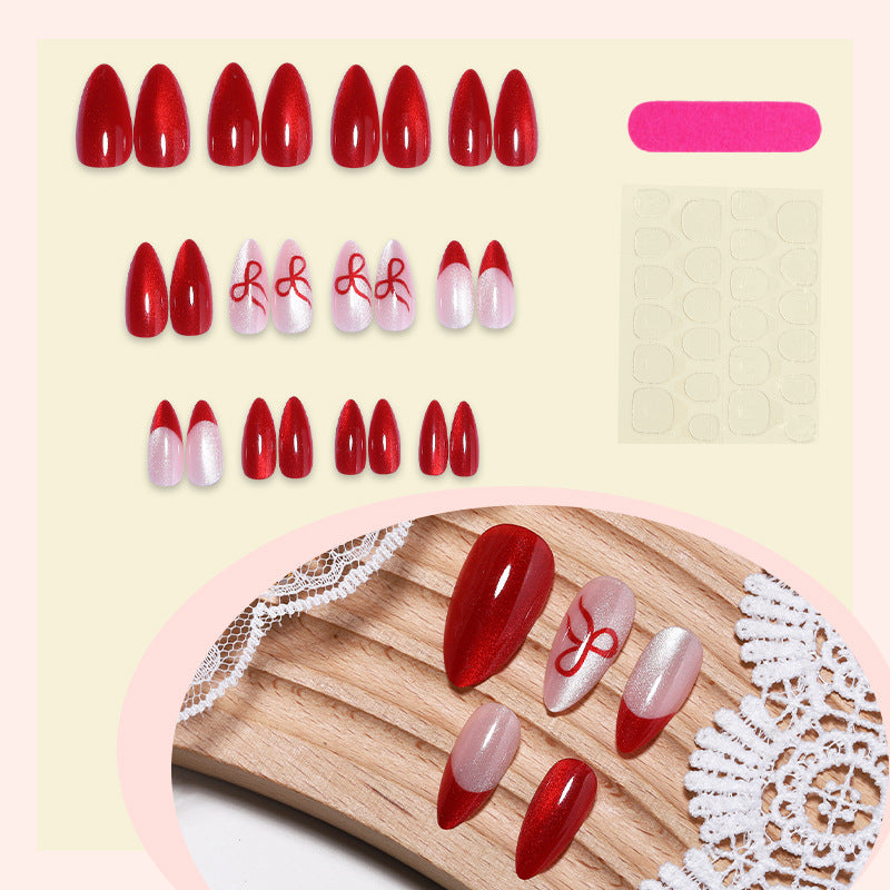 Glossy Press-On Nail Set with Elegant Ribbon Designs Kalsten