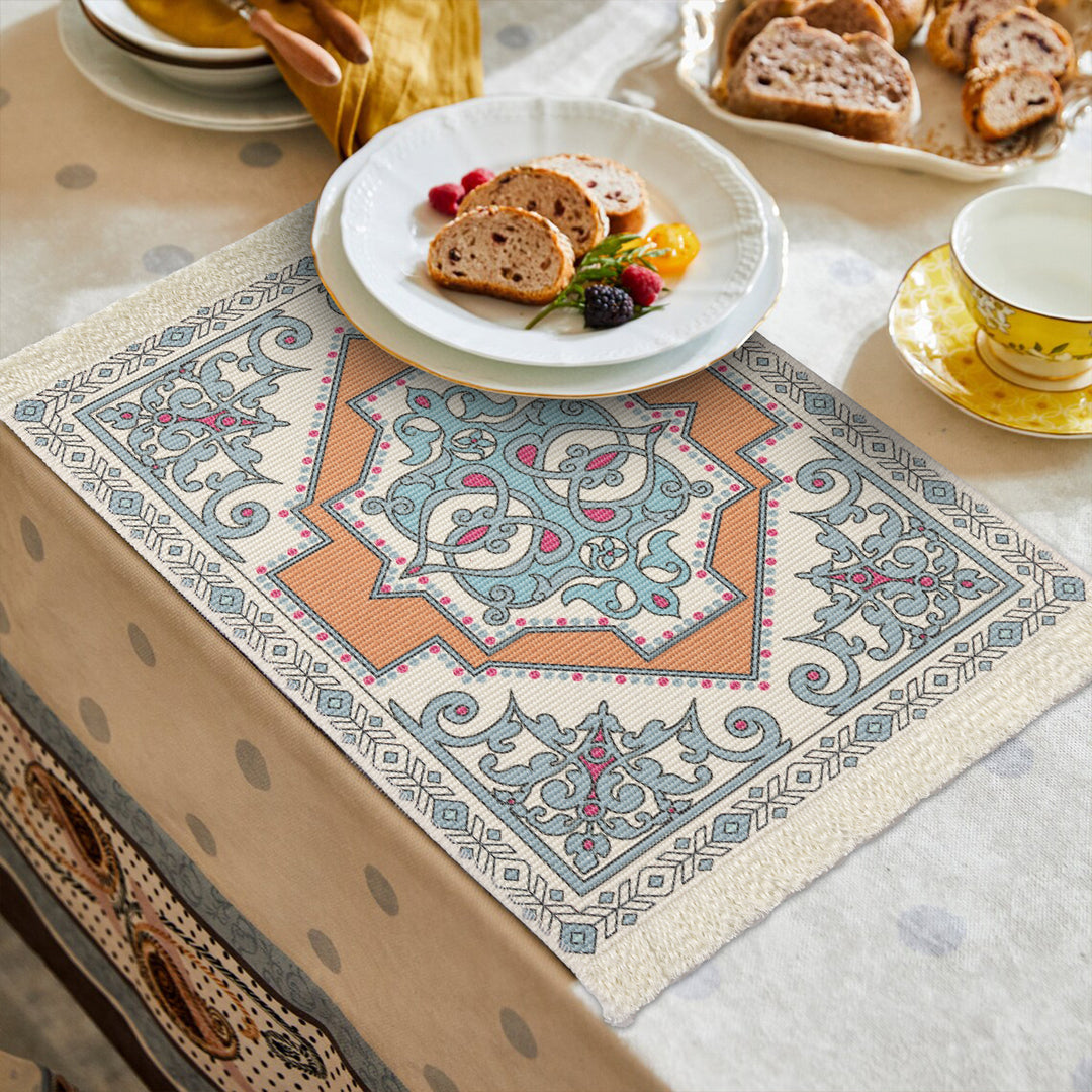 Rectangular short-pile rug in oriental medallion design with fringes Kalsten