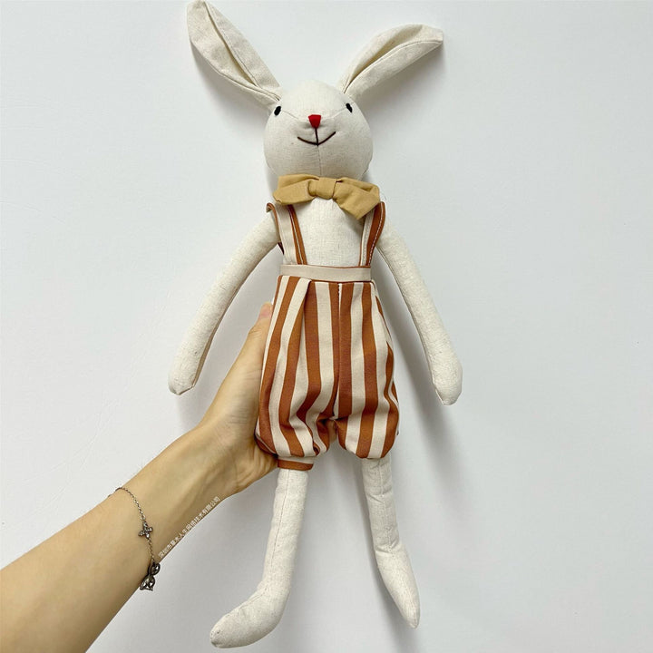 Handmade Linen Plush Bunny Doll with Bow Tie and Removable Overalls